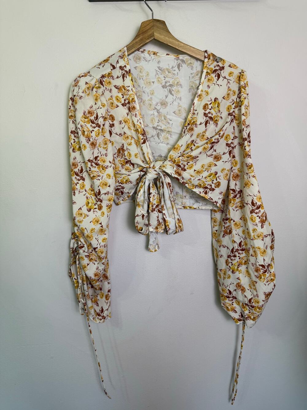 Cider Floral Long Sleeve Knotted Blouse Yellow Brown Ivory Boho Sz M